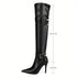 Schwarze Damen Überknee-Stiefel mit Schnallenriemen und Reißverschluss - Elegante Stilettoabsätze, Ultra-Hohe Winterstiefel | Synthetisches Material